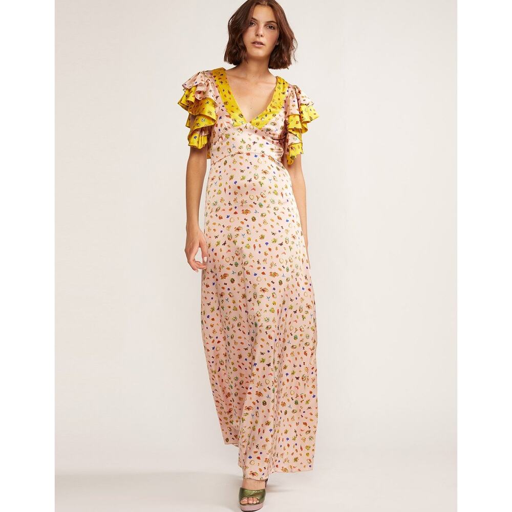 Cynthia Rowley Pink Floral Maxi Dress with Yellow Trim